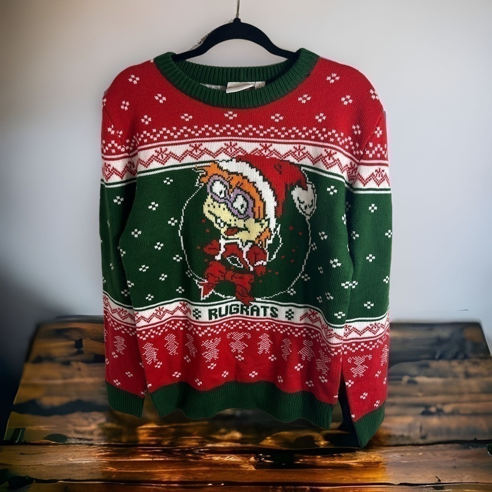 Rugrats Chuckie Ugly Christmas Sweater NWT Large Nickelodeon Green Red Men’s